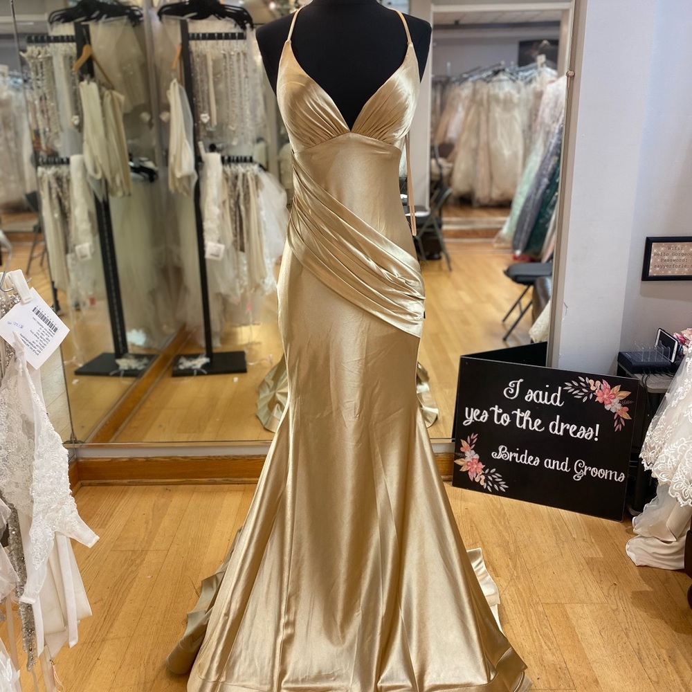 Gold silk prom dress with jersey lining and open back